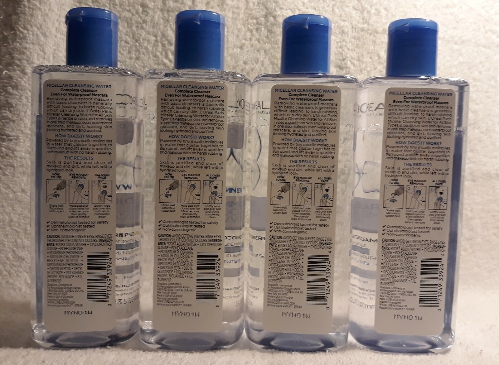 4 L'OREAL MICELLAR CLEANSING WATER ALL SKIN TYPES 13.5 FL.OZ. EACH