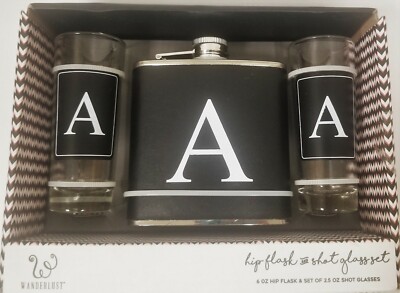 NEW WANDERLUST 3 PC SET BLACK+CLEAR GLASS HIP FLASK & 2 SHOT GLASSES ,LETTER ''A''