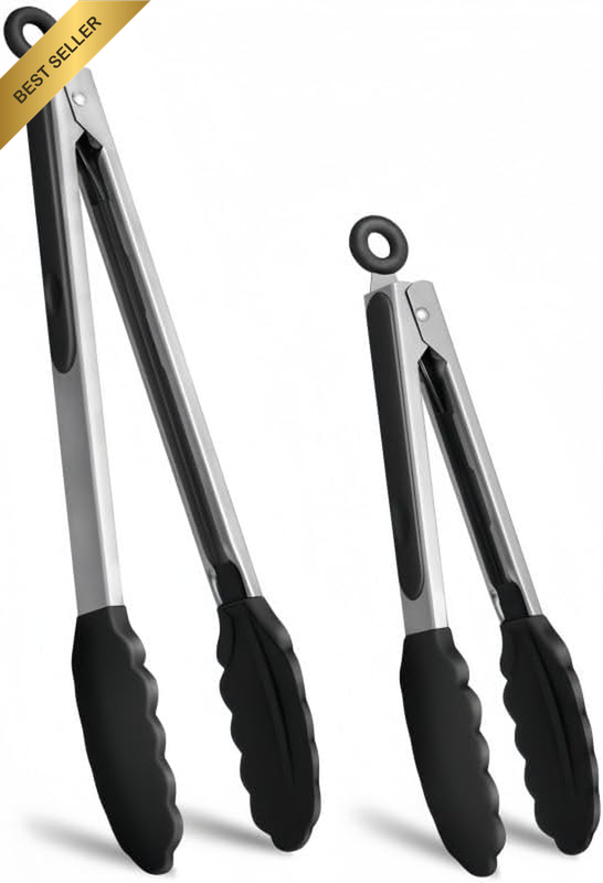 2Pcs Stainless Steel Silicone Kitchen Tongs Heat Resistant Locking BBQ Tools
