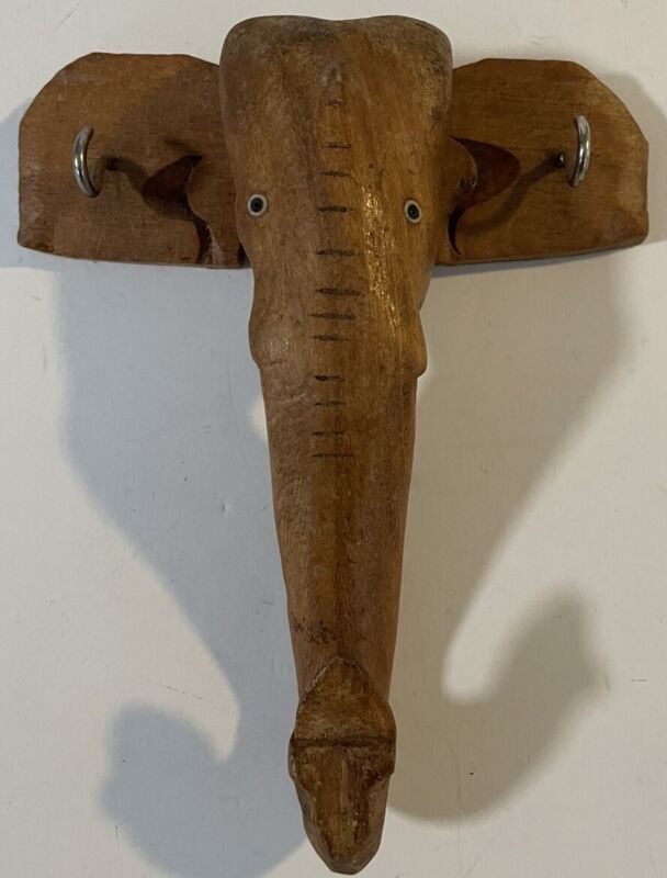 Vintage Wooden Hand Carved Elephant Head Wall Hanging Hooks 6” Tall