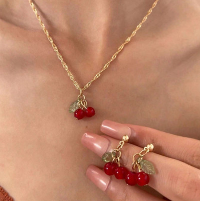 Women Necklace Earrings Set Cherry Pendant Stud Stainless Steel Fashion Jewelery