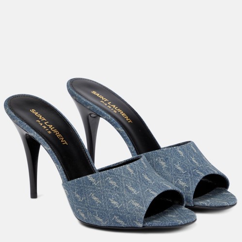 YSL サンダル デニム モノグラム Saint Laurent YSL 38.5 Denim Jeans Monogram Mule Slide
