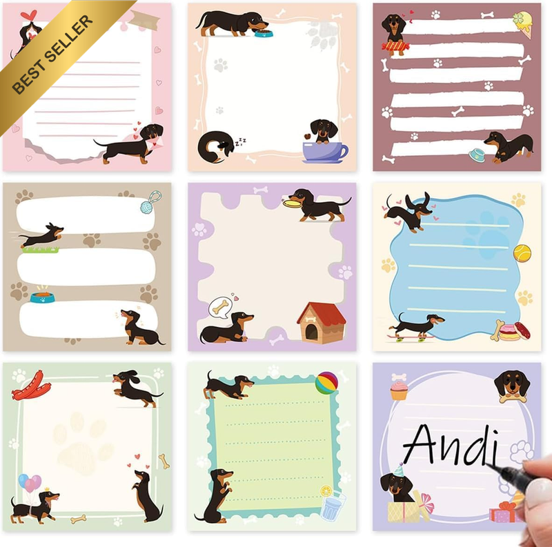 Dachshund Dog Themed Notepad Set,9 Pads 450 Sheets Kawaii Cartoon Sticky Notes,