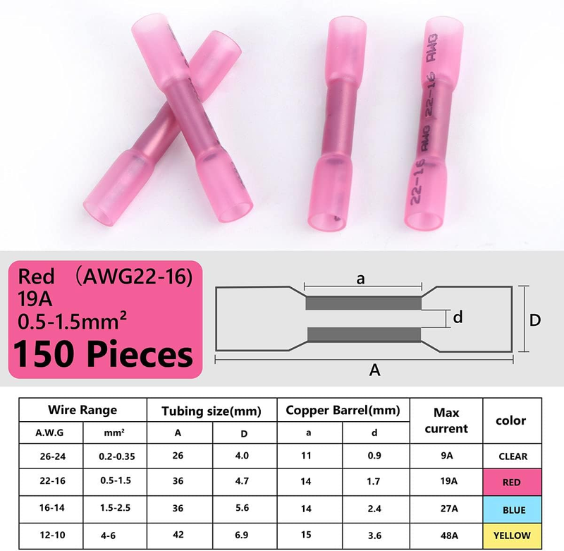 100 Pieces Heat Shrink Butt Connectors Kit, 22-16 AWG Red Insulated Waterproof E