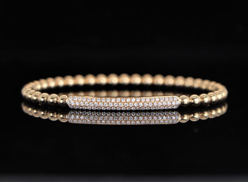14k Yellow Gold 3 Row Pave Diamond Beaded Flexible Stretchy Bracelet Sz Medium