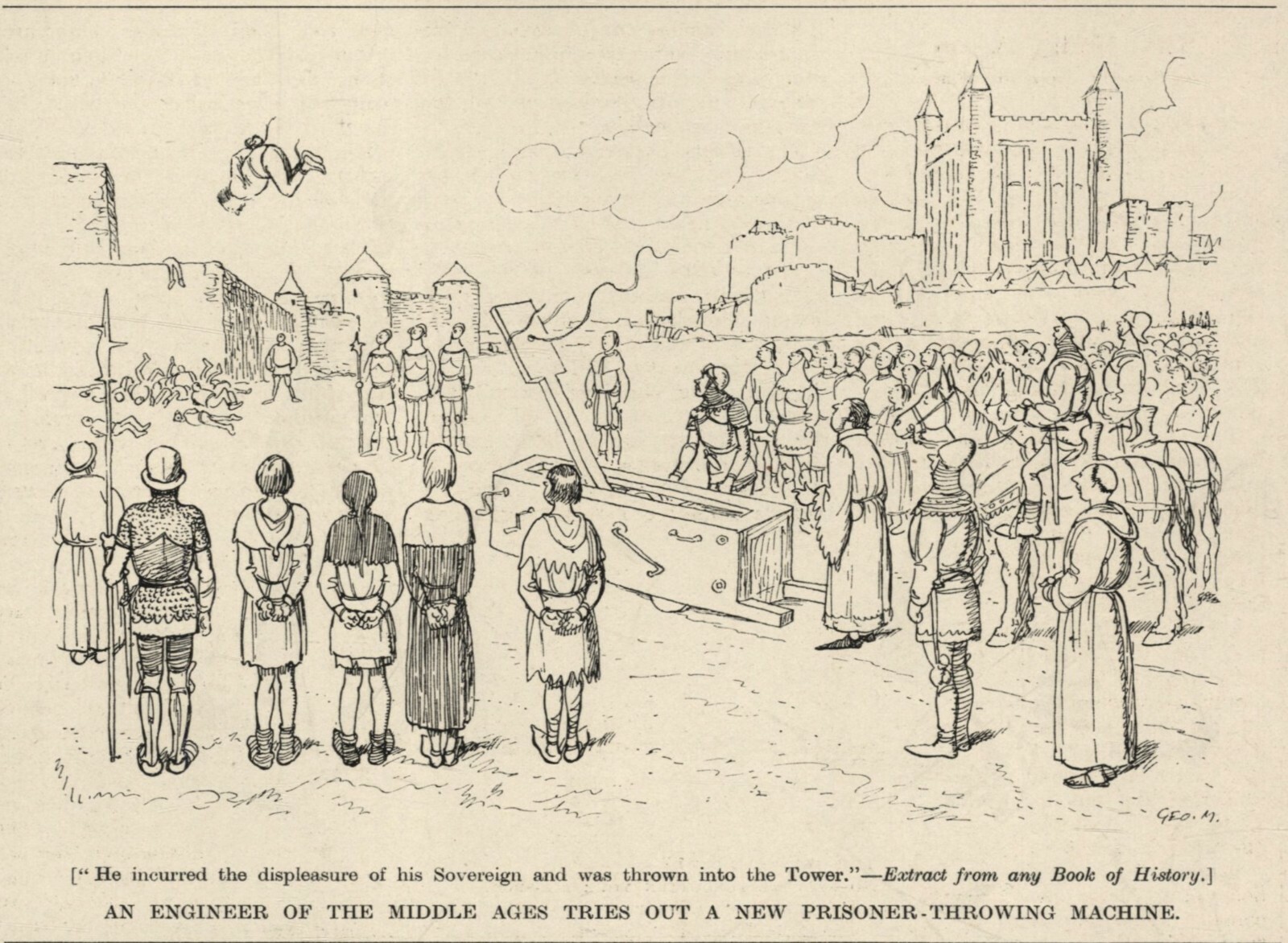 CATAPULT CARTOON HUMOR - Vintage 1934 Illustration - PRISONER THROWING MACHINE