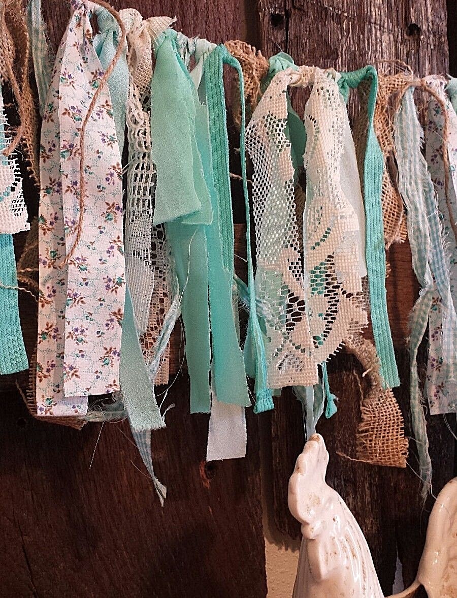 5ft photo prop fabric garland burlap teal mint lace vtg banner nursery wedding