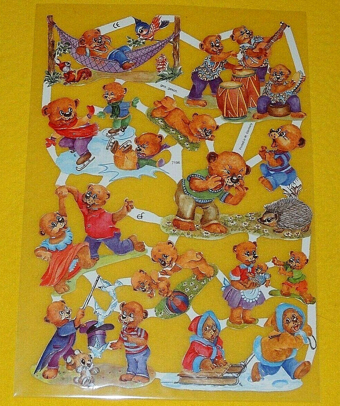 1x Poesiebilder Oblaten Teddys 7196 Glanzbilder BÃ¤Rchen BÃ¤Ren Spielen Igel Schli
