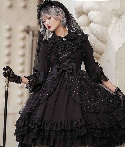 Pre-owned Handmade Custom Made To Order Classic Layered Lace-up Goth Lolita Dress Plus 1x-10x L540 In Black