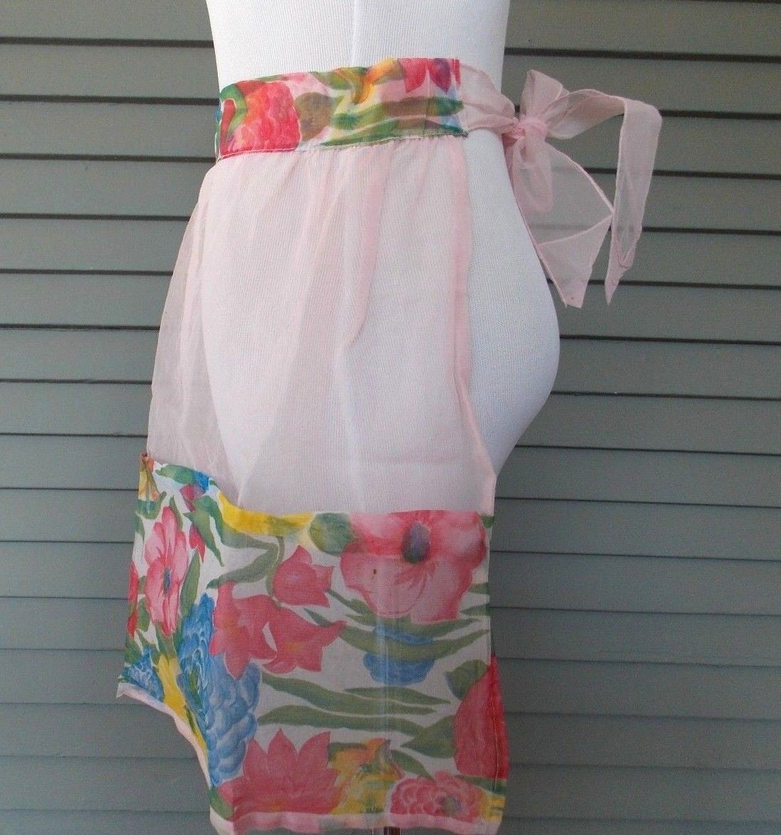 Vintage Handmade Half Apron Pink Sheer Floral Pockets and Trim