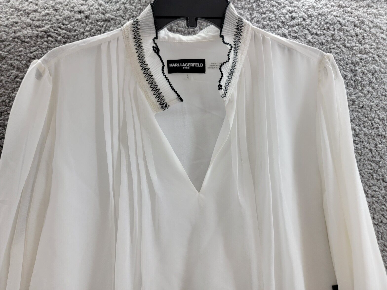 KARL LAGERFELD PARIS V-Neck Sheer-Sleeve Pleated Blouse Women's L Soft White~ - Picture 3 of 16