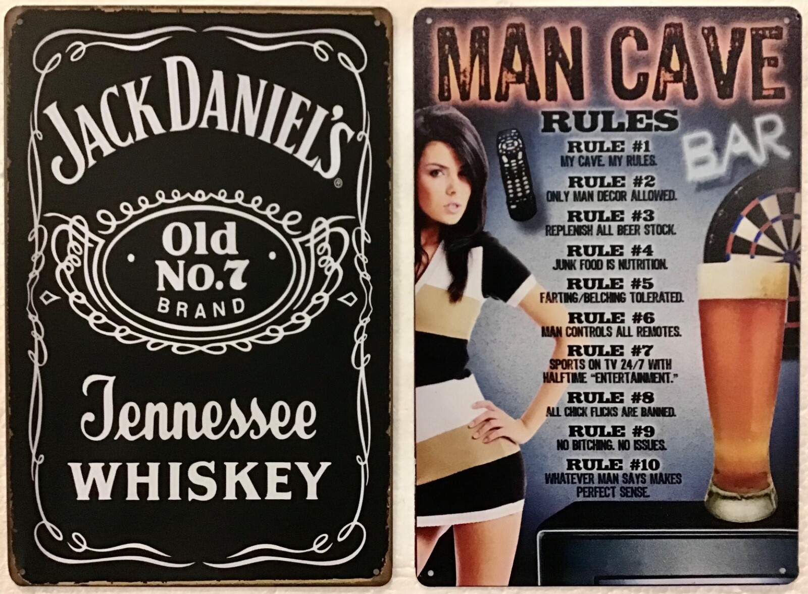 TWO 8x12 TIN SIGNS whiskey funny man cave rules pool darts alcohol beer (782)