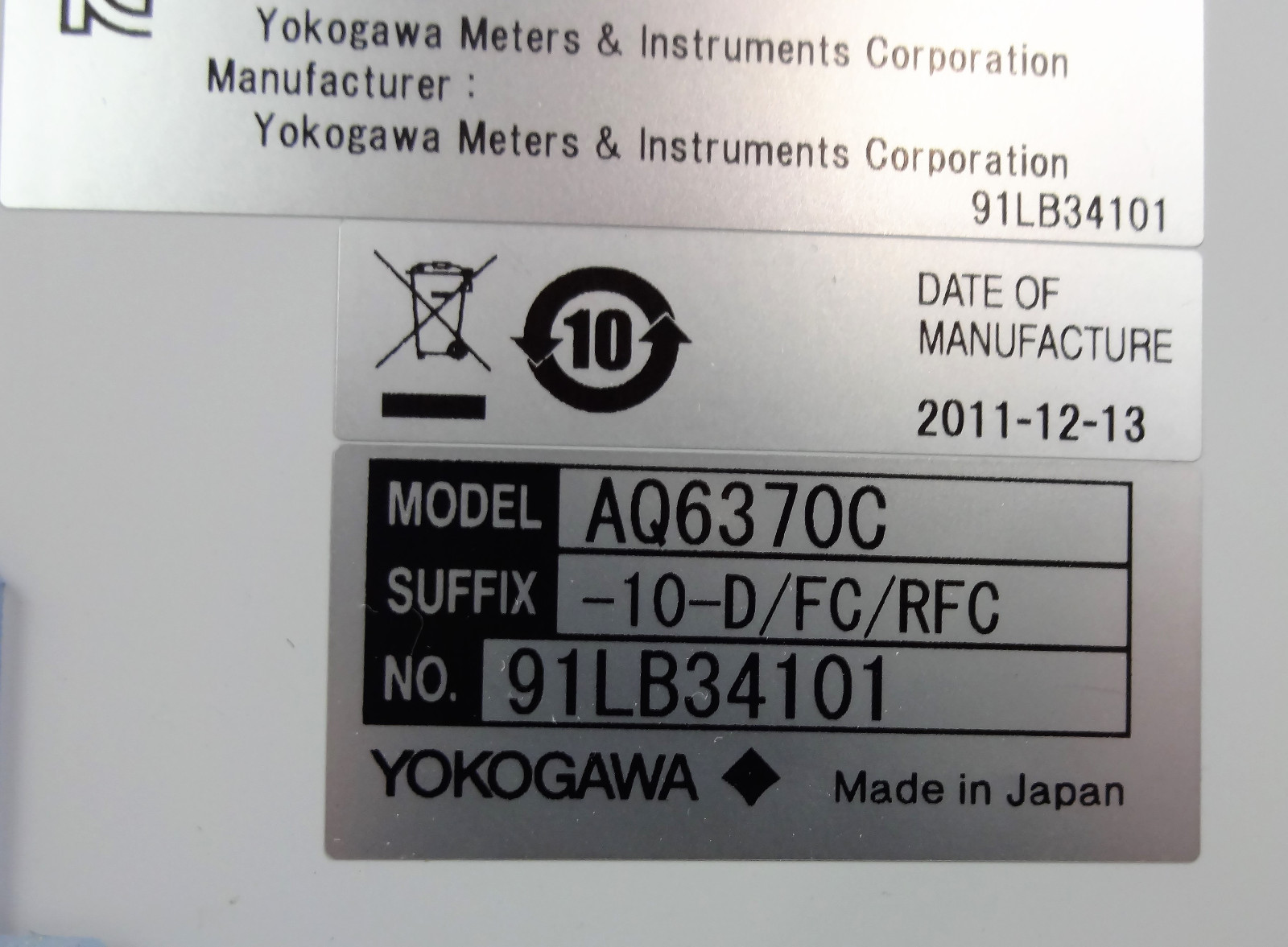 Yokogawa AQ6370C - AQ6370 AQ6370B Optical Spectrum Analyzer Options:10-D/FC/RFC