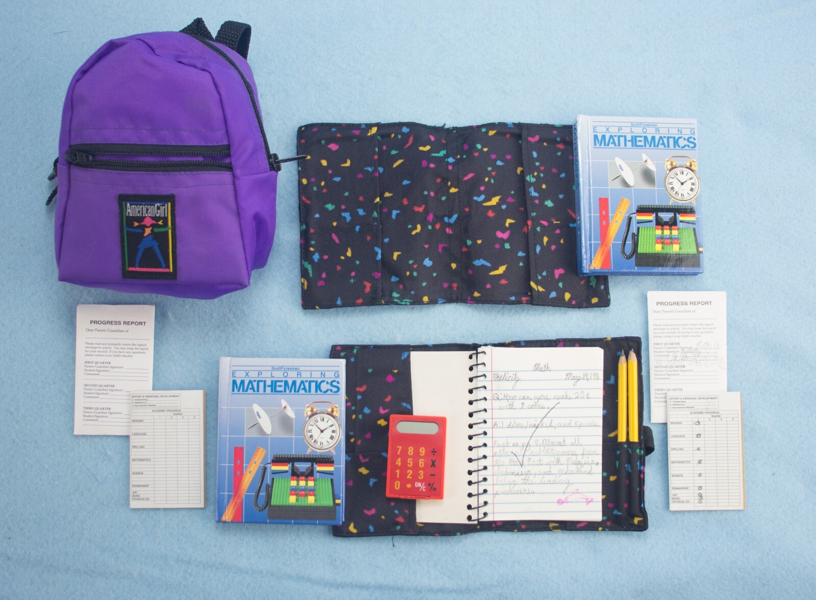 1996 PLEASANT COMPANY American Girl Today SCHOOL GEAR SET Purple Backpack Math