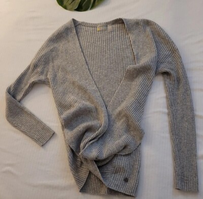 Gray Ribbed Cardigan Sweater Open Wrap 