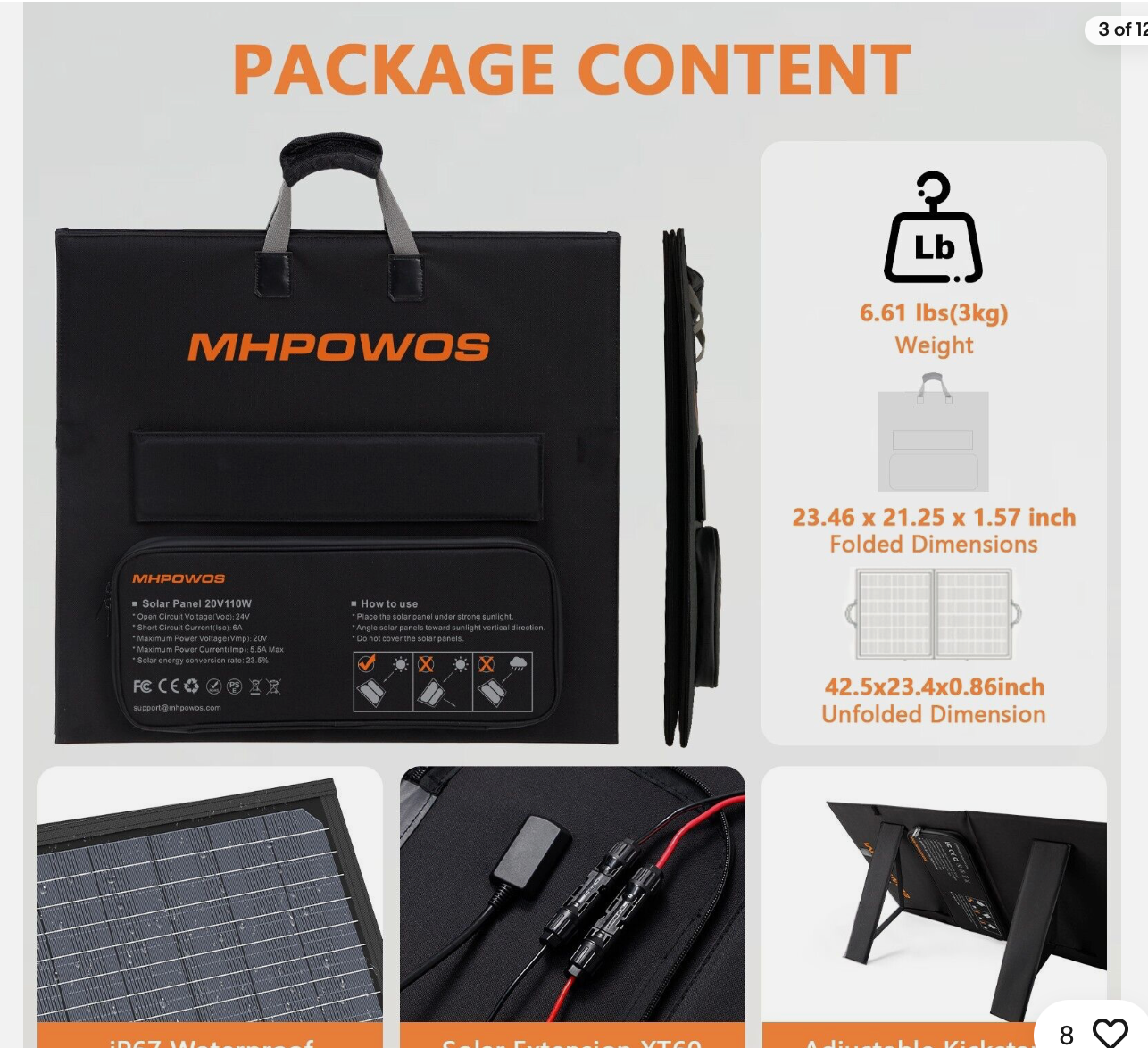 MHPOWOS 20V 110W Portable Solar Panel IP67 Waterproof Foldable Solar Charger
