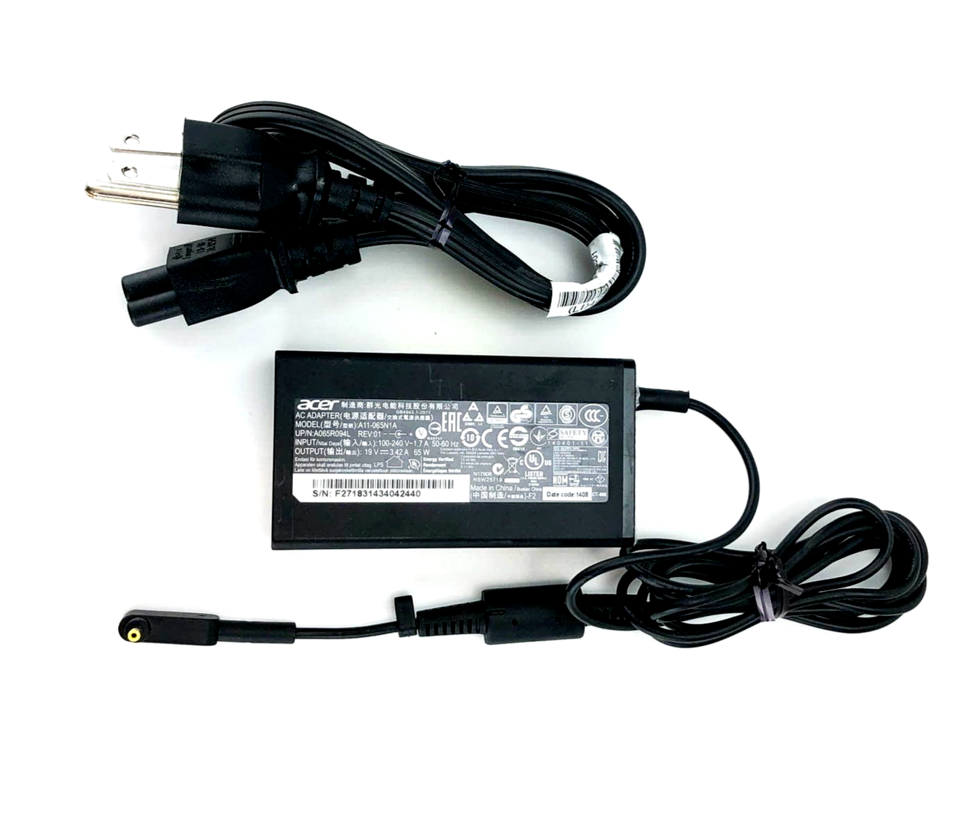 Genuine 65W Original Acer A11-065N1A AC Adapter Charger 19V 3.42A 3.0*1.1mm w/PC