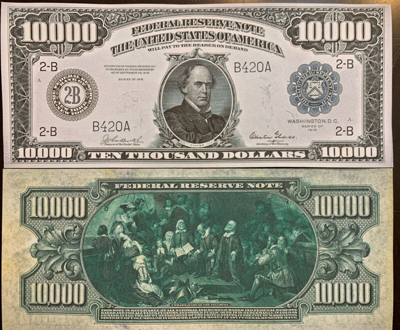 Reproduction Copy 1918 $10,000 Federal Reserve Note Currency US See Description 