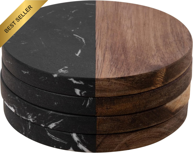 Marble Coaster: round Coaster with Wood Splicing for Coffee Drinks,Office (Round