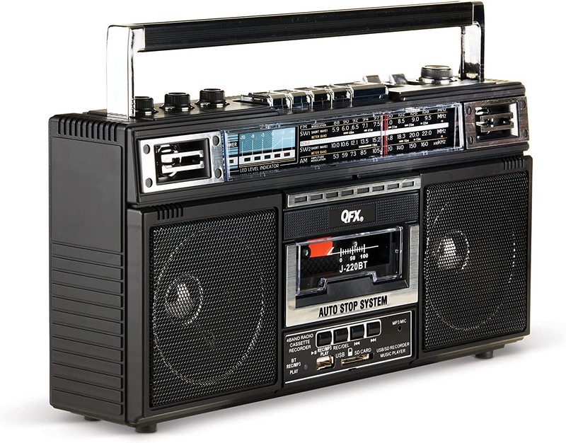 QFX J-220BT Boombox: 4-Band Radio w/ MP3 Conversion, Bluetooth, Dual 3” Speakers