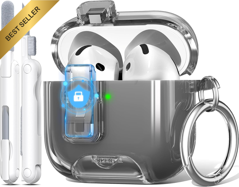 for Airpods 4 Case Clear with Lock Clid and Cleaner Kit,[Auto Pop-Up Clid] [Anti