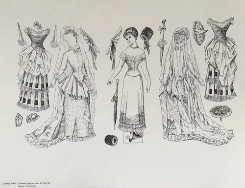 9 SHEETS BLACK & WHITE PAPER DOLLS: SPINNING WHEEL NATIONAL ANTIQUE MAGAZINE