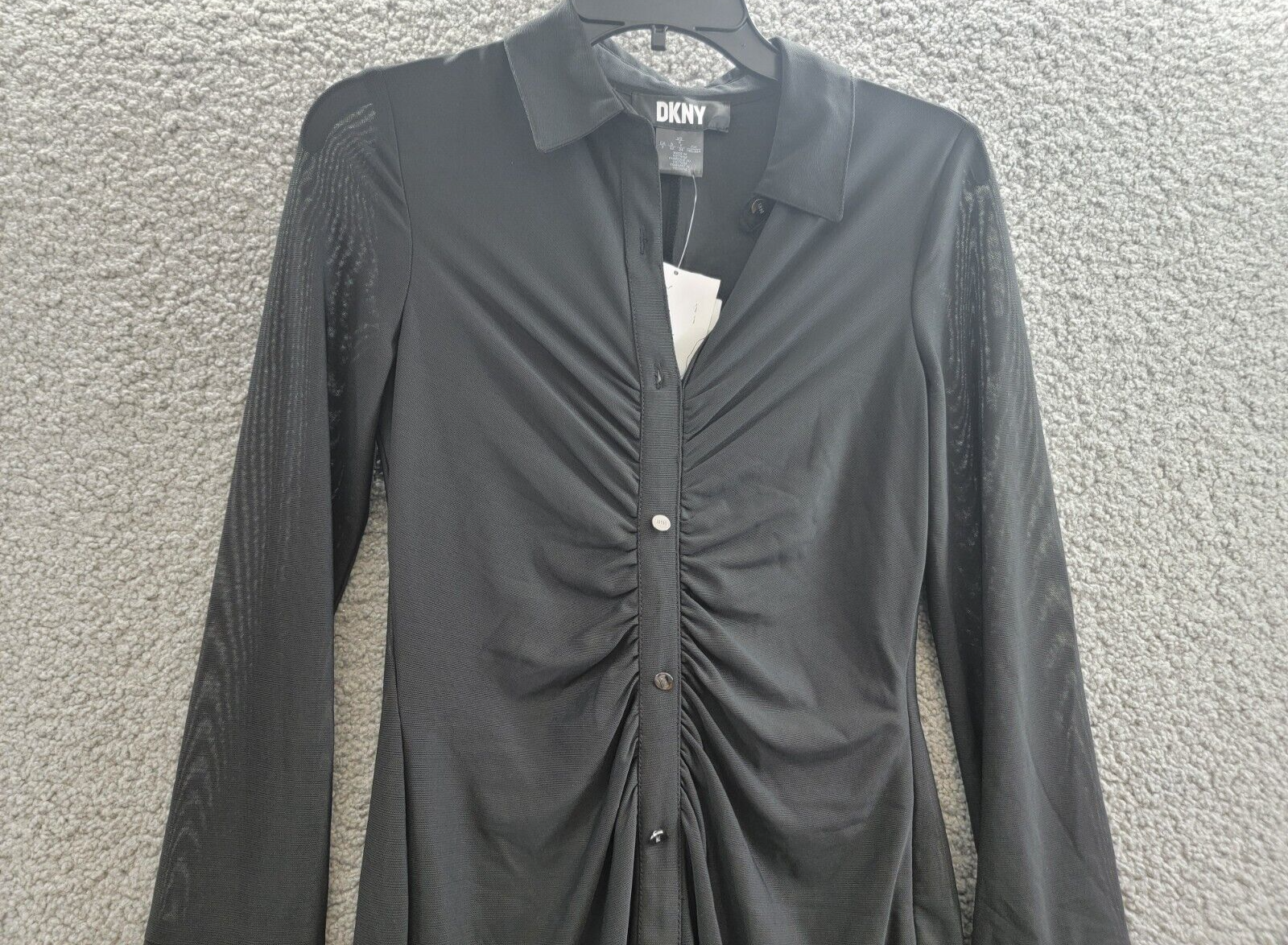 DKNY Collared Mesh-Sleeve Button-Up Shirtdress Women's 2 Black Button/Zip L/S - Picture 3 of 17