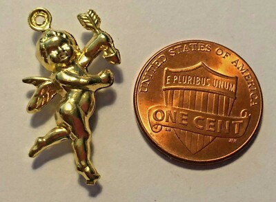 1 Polished Gold Tone Metal Hollow Cherub Angel Charm Pendant 1 1/16'' 27.5mm J19