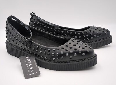 T.U.K 11 Studded Pointed Toe Ankle Strap Black Flats Vegan New Punk Goth Emo TUK