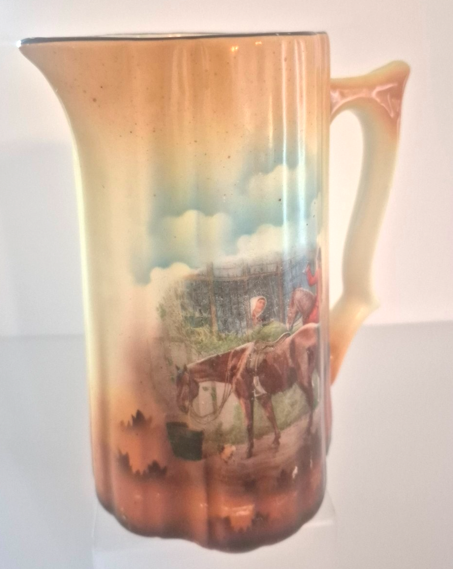 Antique Scenic Horse Rider Hunting Pitcher Vase Royal Bayreuth Style Germany c19
