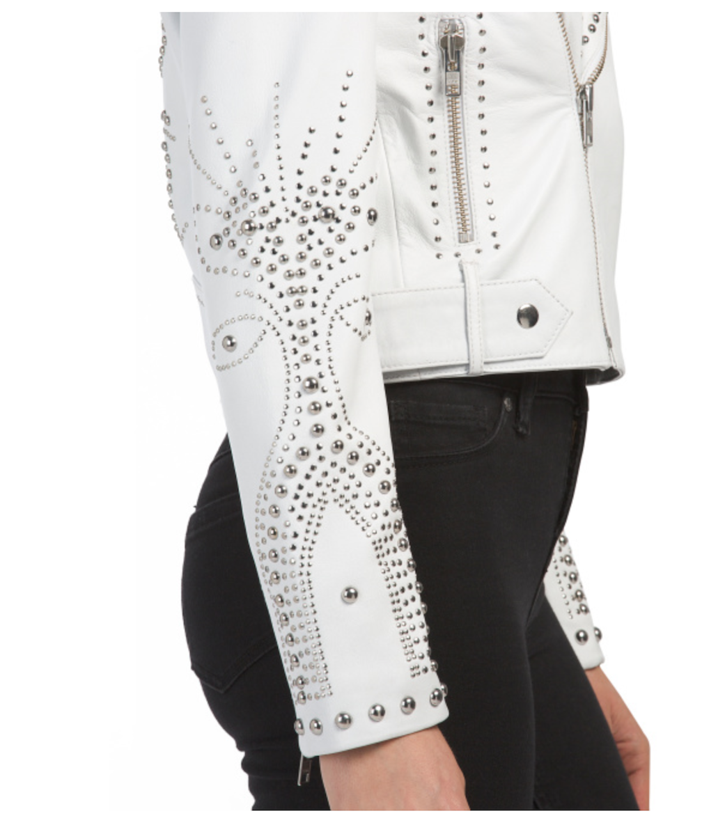 Pre-owned Belle Vere Studded Embellished Leather Moto Jacket White Size Xs S M Or L