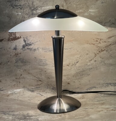Satin Nickel Metal Desk Lamp 3 Way Touch Lamp Frosted Oval Glass Shade 17.5