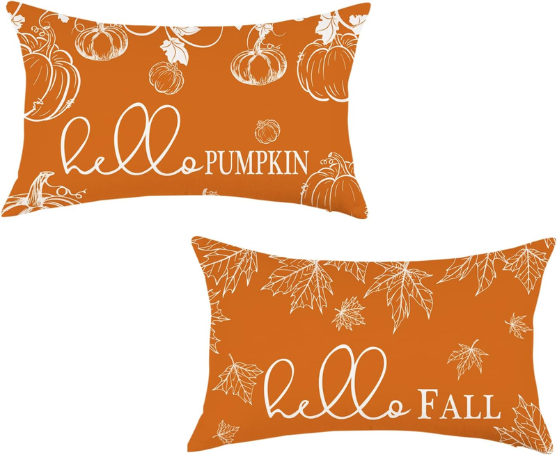 Fall Throw Pillow Covers 12X20 Set of 2 Hello Fall Pumpkin Orange | Hello Fall H