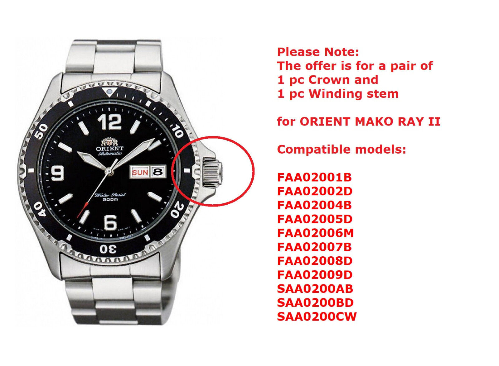 Original Orient MAKO/RAY II FAA02 series Crown and winding Original Orient MAKO/RAY II FAA02 series Crown and winding