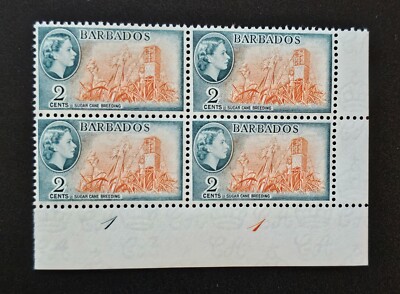 Barbados 1953 QEII Sc 236. SG 290 Sugar Cane Breeding 2c COR BLOCK of 4 PLATE #1