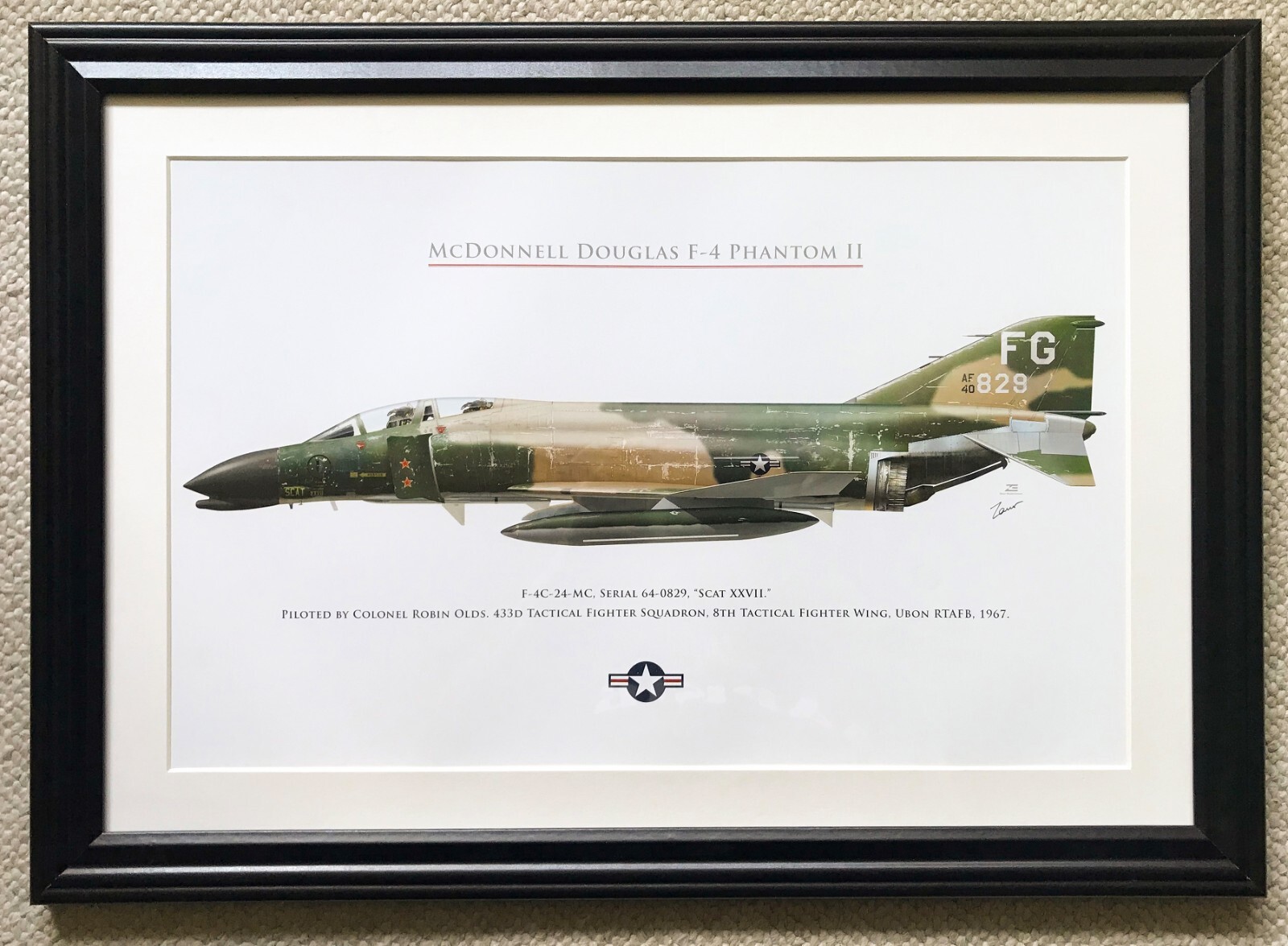抽象画 f４ F-4 Phantom II. Original aviation art print. Signed. Framed