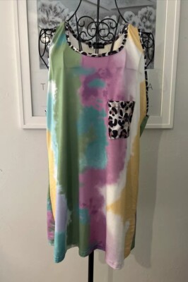 Tank Top Tye Dyed Leopard Trim Multi Color Sz Large