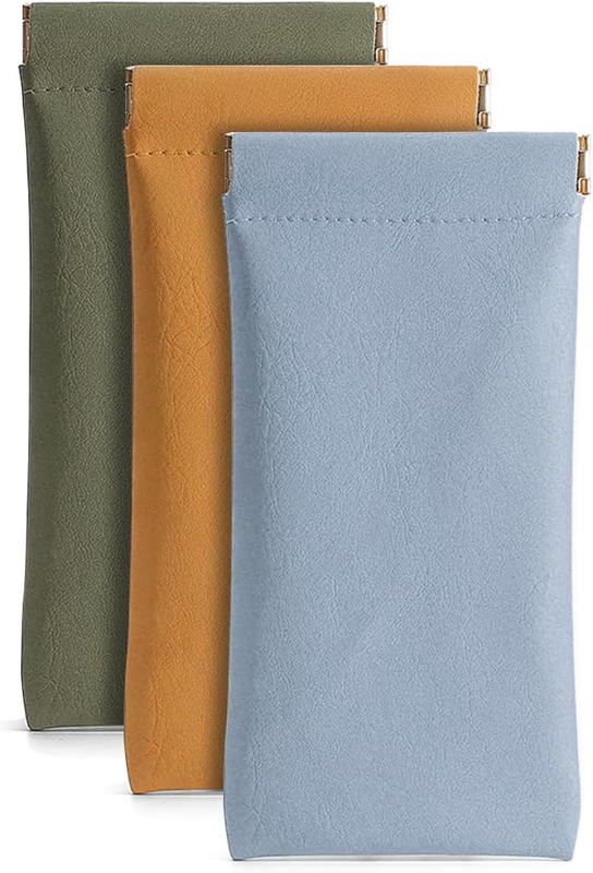 3 Pack Leather Eyeglasses Cases PU Soft Sunglasses Pouch Squeeze Top Portable Gl