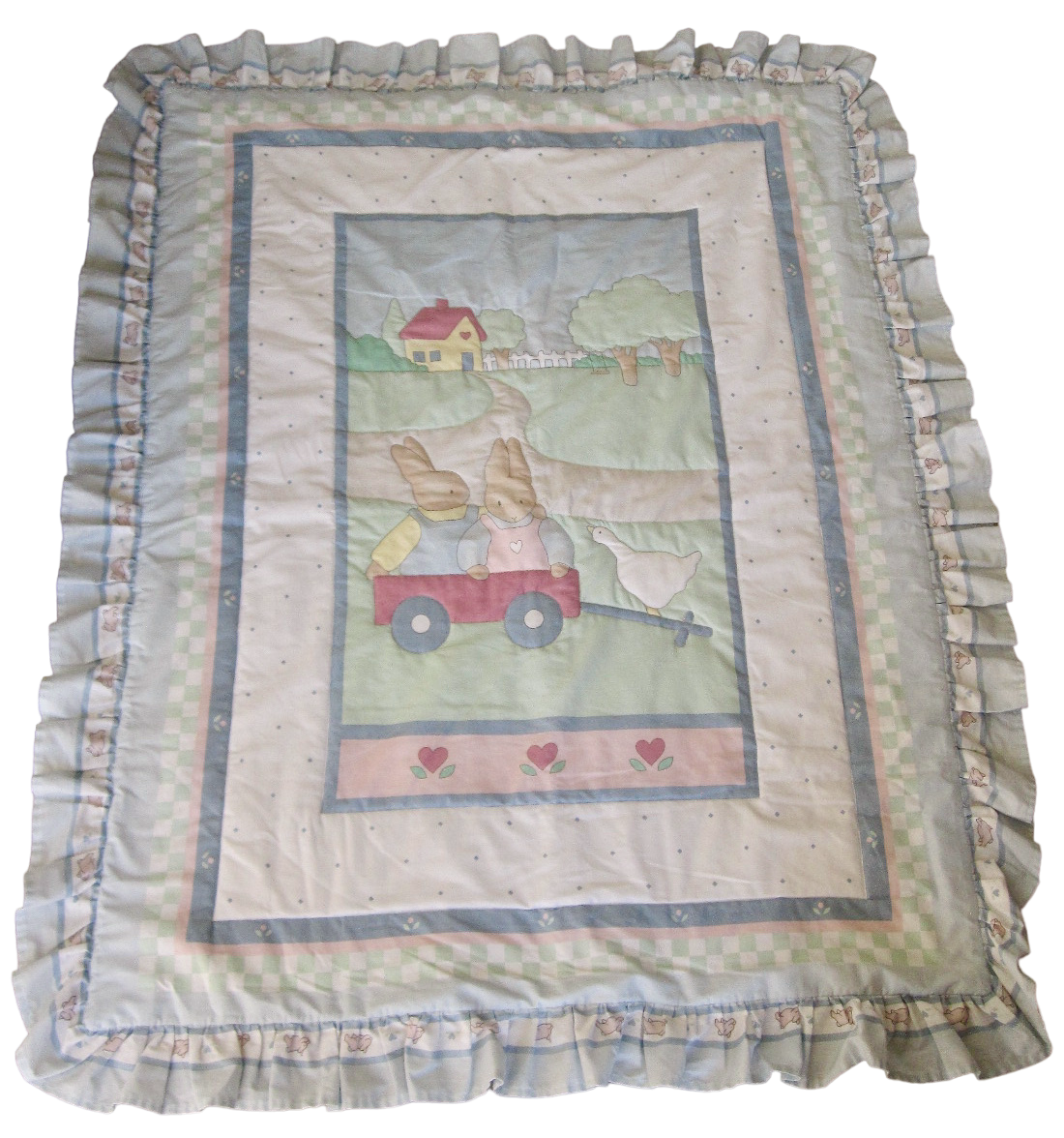 VTG Red Calliope Baby Quilt Comforter Bunny Rabbits in Wagon Goose Ruffles USA