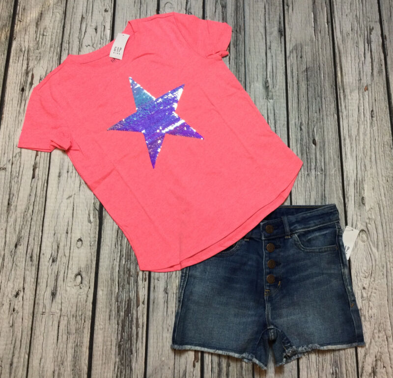 Gap Kids Girls Size 8 Pink Flip Sequins Star Shirt & Denim Shorts Outfit. Nwt