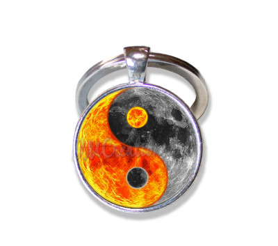 Yin Yang Sun and Moon - Handmade ROUND Glass Pendant Keychain KEY RING