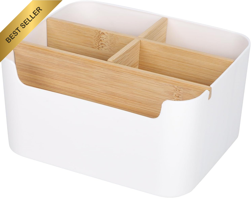 Bamboo Desk Organizer Box Divided Storage for Pen Phone Remote Home Office