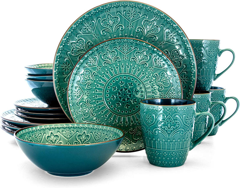 round Stoneware Embossed Dinnerware Dish Set, 16 Piece, Ocean Teal and Green