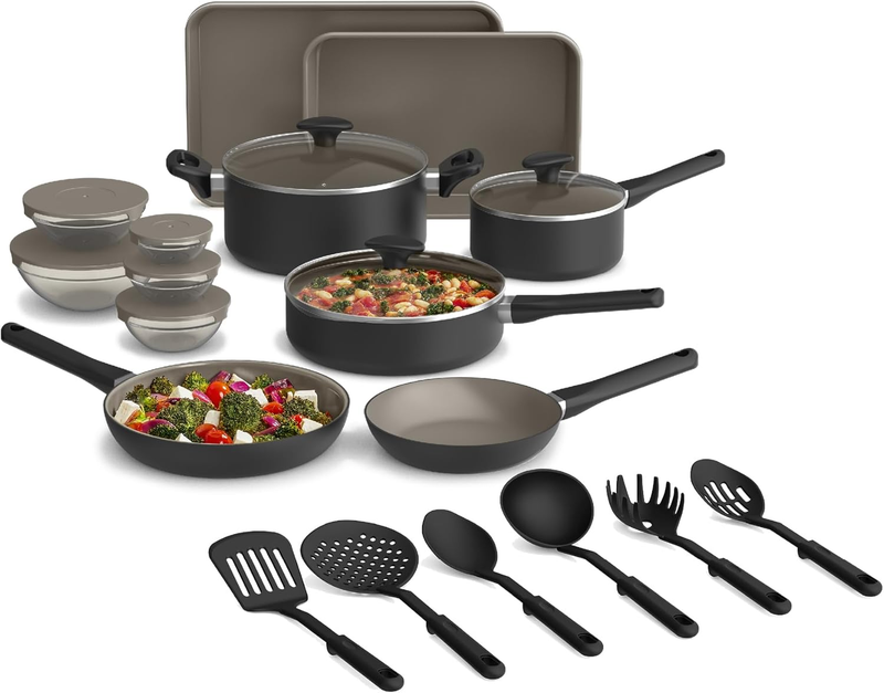 21 Piece Kitchen Set with Evergood™ Ceramic Nonstick Coating​, Dishwasher & Oven Safe, All Stovetops Compatible, Tempered Glass Lids & Cool Touch Handles, Black