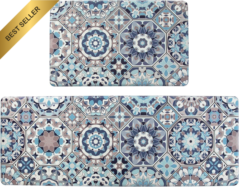 Anti-Fatigue PVC Kitchen Mat Set 2 Blue Cushioned Non-Slip 17