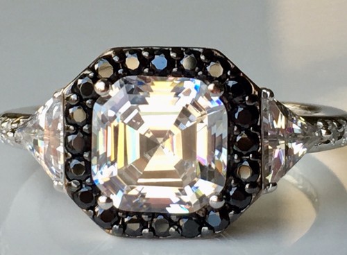 Diamonique Black & Clear Asscher Cut Ring, Platinum Clad SZ 8 Brand NEW In Box