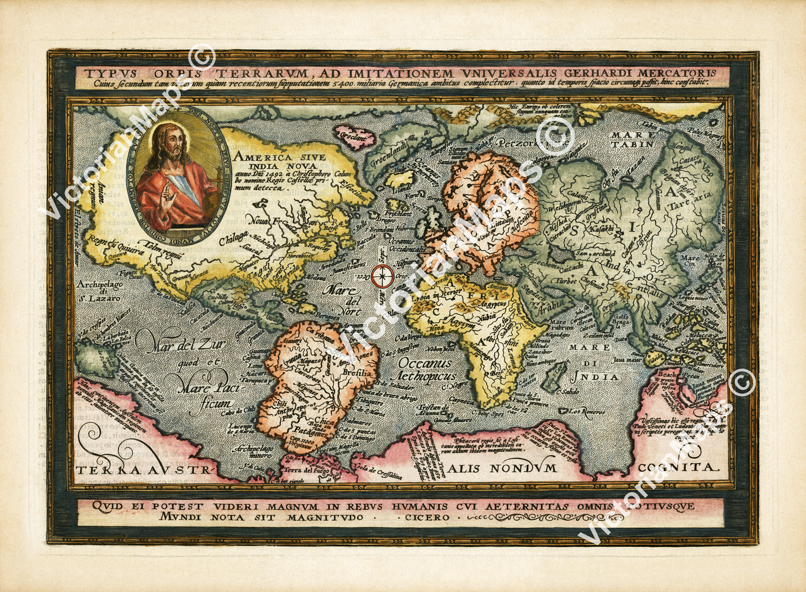 old early World map Terra Incognita Christ in America Quad old early World map Terra Incognita Christ in America Quad