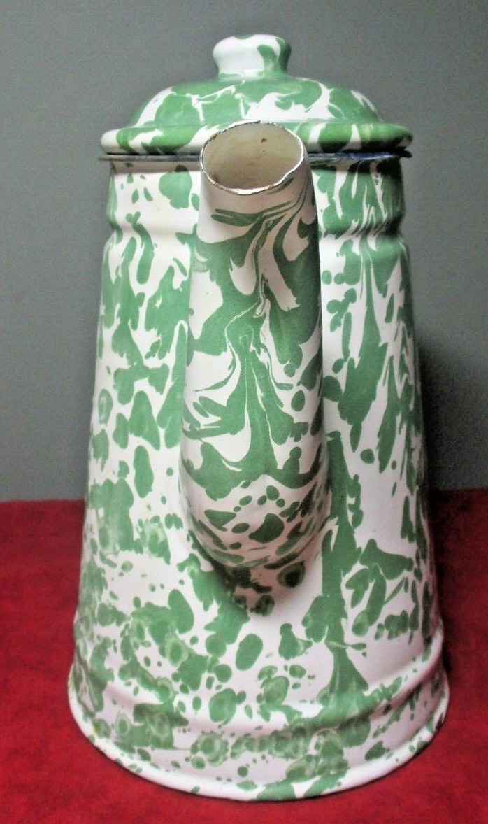 Vintage GREEN and WHITE SWIRL ENAMELWARE Long Spout COFFEE POT