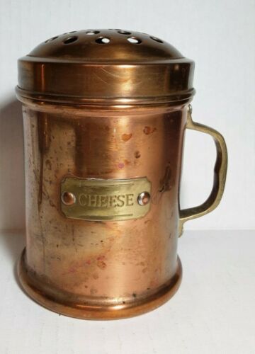 Copper Cheese Shaker Canister With Brass Handle and Tag Label Vintage