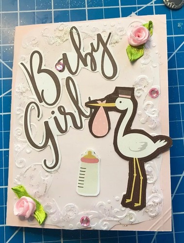 Baby Girl Card Pink Velum Embossed Sprinkles Of Gold Sweet Roses. Handmade